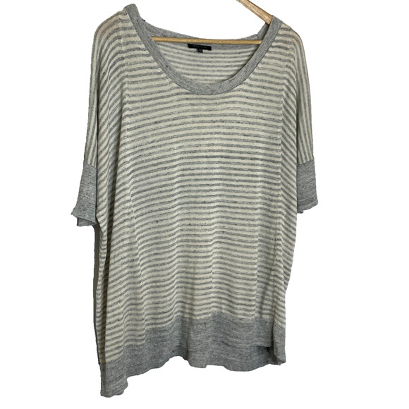 Womens XS/S Lafayette148 Oversized Gray Stripe Linen Blend Short Sleeve Knit Top - Picture 2 of 6